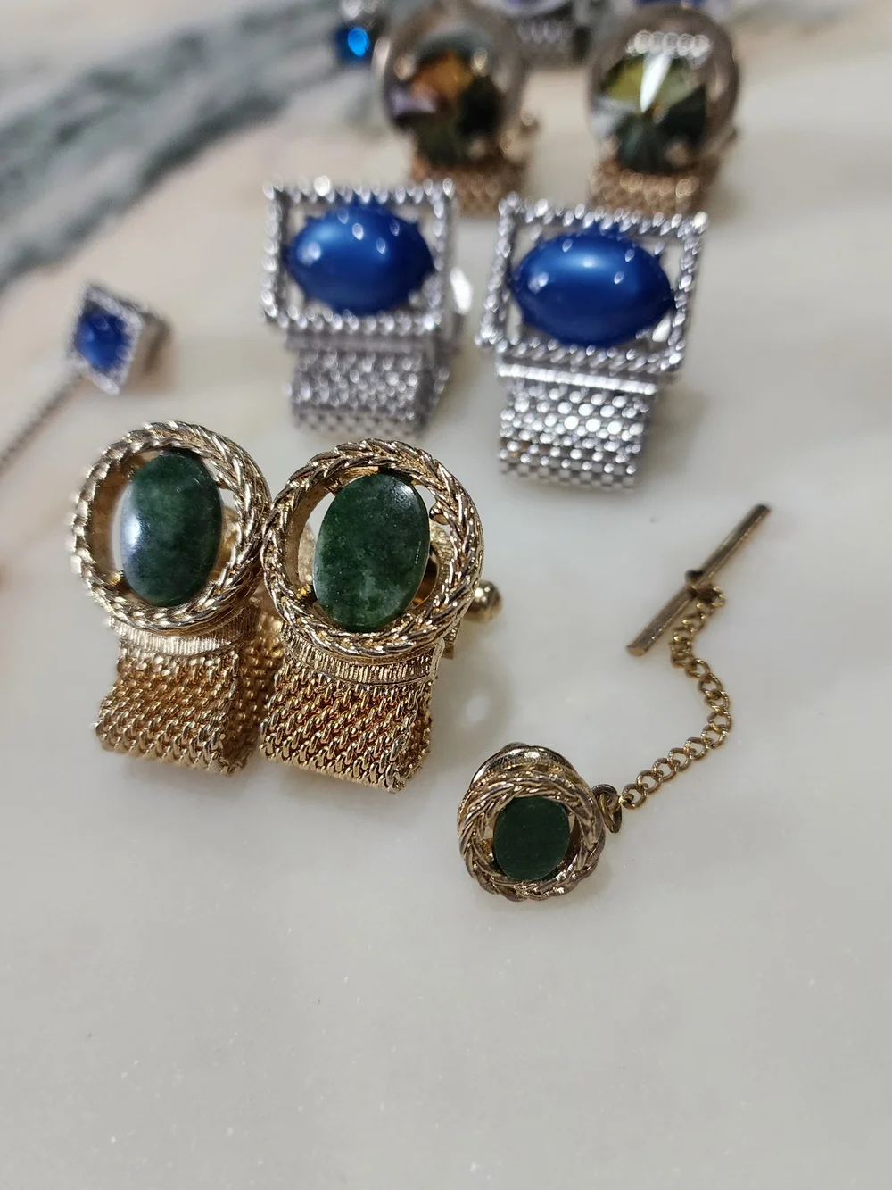 Vintage Mid-Century Men's Cufflinks Lot Mesh Wrap Styles 4 Sets + 3 Tie Tacks